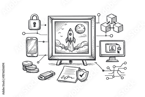 Digital assets and security concepts illustrated with icons and sketches