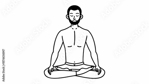 A serene man meditating in a peaceful lotus position with eyes closed and hands on knees