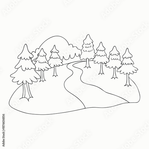 A gentle forest brook winds between trees, smooth stones, and leafy banks, inviting calm. Soft flowing water, birds, and plants create a peaceful coloring page scene.
