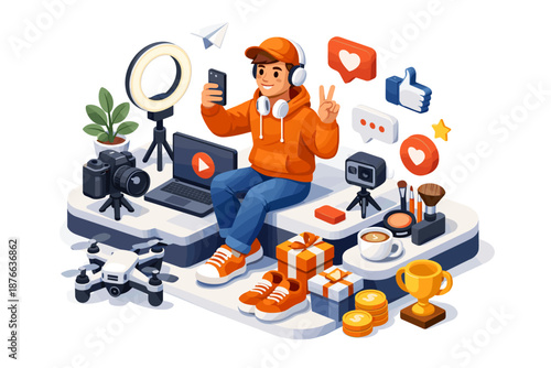 Young content creator surrounded by modern technology and social media icons