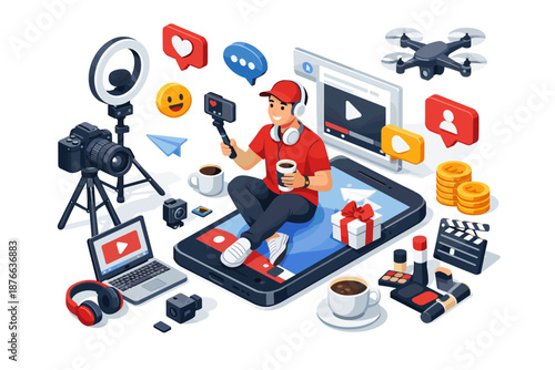 Content creator surrounded by modern video production equipment and social media icons