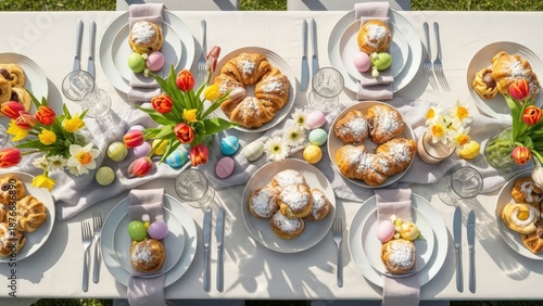 Easter brunch table with food plates.