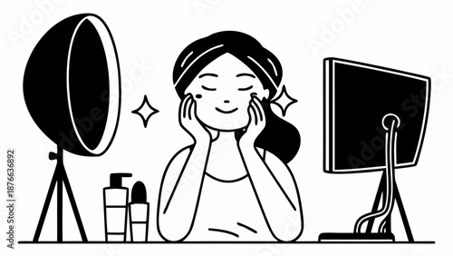 A serene woman applying skincare products in front of a computer and ring light