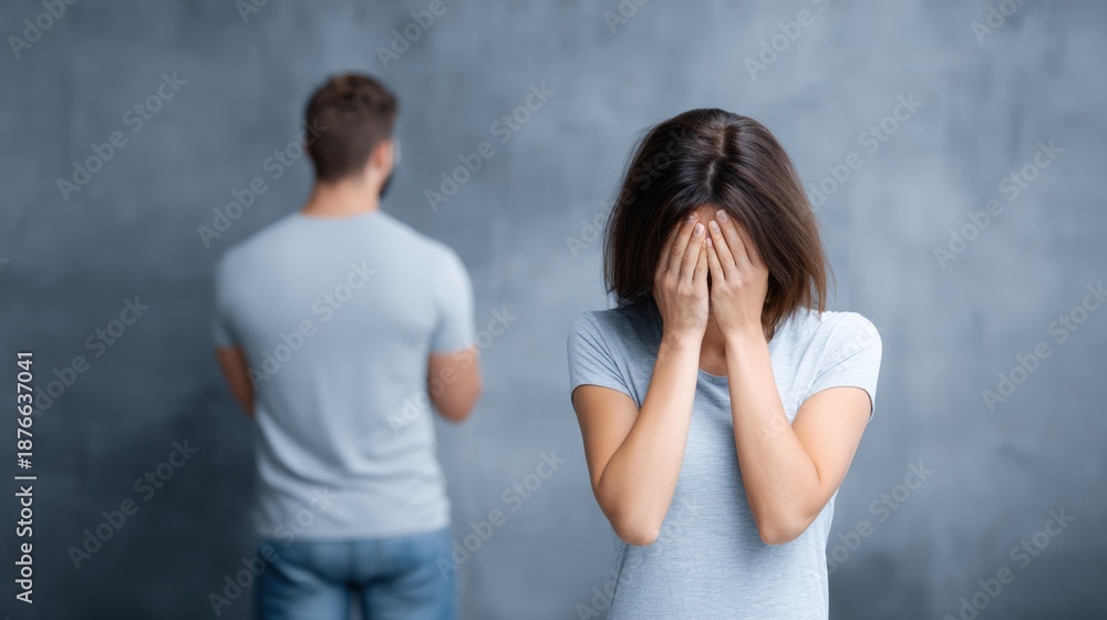 Naklejka premium Emotional conflict between couple, woman covering face with hands, man standing back to camera, expressing feelings of sadness and distress in a tense relationship atmosphere