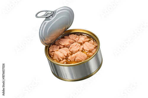 Open can of canned tuna chunk light on transparent background image.