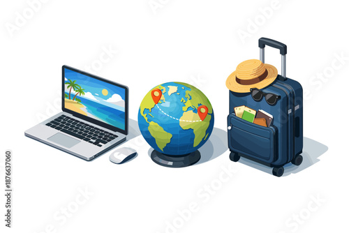 Planning a vacation online with a globe and suitcase ready for travel