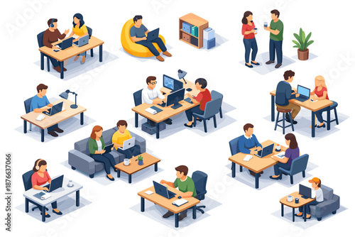 Diverse group of people working and collaborating in a modern office space