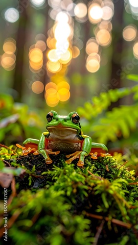 A vibrant tree frog sits on moss, illuminated by golden bokeh in a forest setting