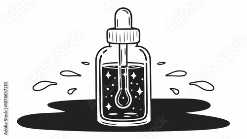Drops of mysterious liquid falling from a glass dropper bottle with stars inside on a dark shadow background