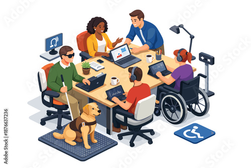Diverse team collaborates in an inclusive office environment with assistive technology