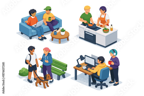 Diverse people engage in various daily activities in a modern isometric setting