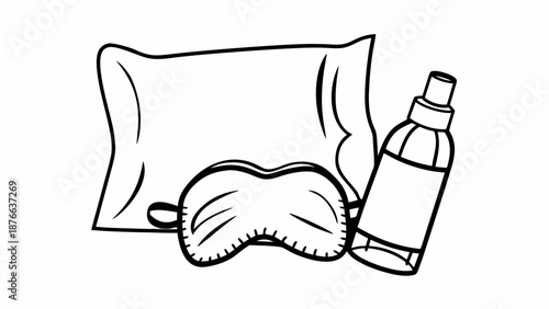 A sleeping mask rests on a pillow beside a water bottle in a serene bedroom scene.