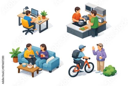Diverse people engage in daily activities like working, cooking, relaxing, and delivery.