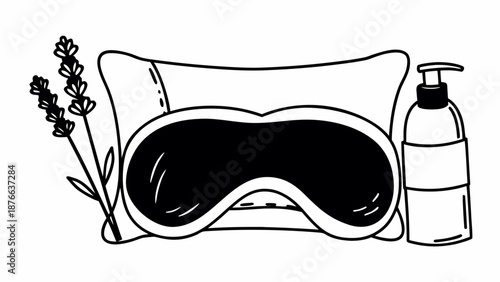 A serene illustration of a sleep mask, pillow, and lavender beside a bottle of lotion, promoting relaxation and restful slumber.