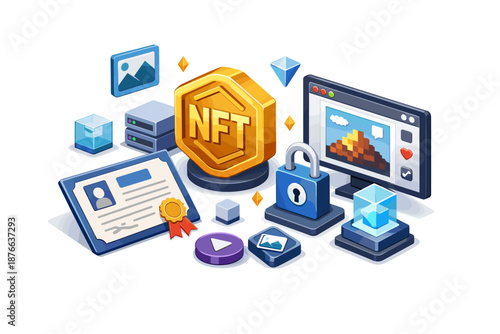 Digital assets and blockchain technology concept with NFT coin and security elements