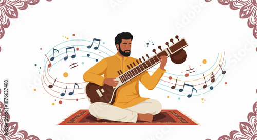 Indian Man Playing Sitar: Traditional Music Performance with Ornate Cultural Borders and Floating Musical Notes in a Serene Illustration.