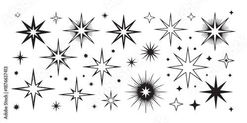 Ornate cosmic starburst and celestial sparkle collection for magical backgrounds and mystical illustration projects