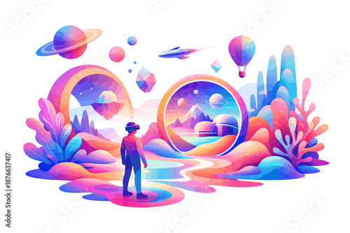 Person wearing VR headset explores a vibrant, surreal digital landscape with planets and hot air balloons