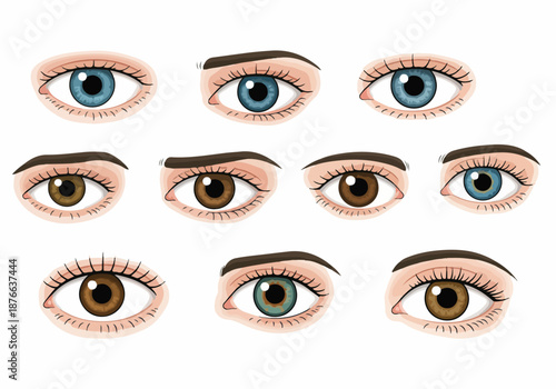 A vibrant collection of diverse cartoon human eyes, showcasing various iris colors and subtle expressions, ideal for illustrating concepts of vision, perception, and individuality.