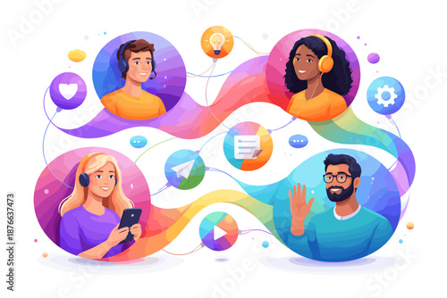 Diverse people connect through digital communication and collaboration networks
