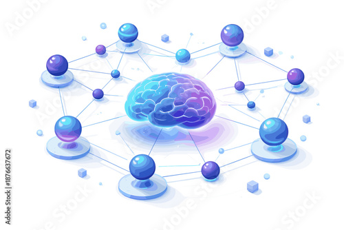Abstract network of glowing spheres connected to a central brain illustration