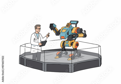 Scientist in lab coat presents a futuristic mech robot on display, holding a tablet and pointing, symbolizing advanced robotics and innovation.