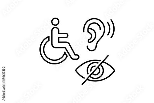 Icons representing accessibility for disabled individuals, including mobility, hearing, and vision impairments