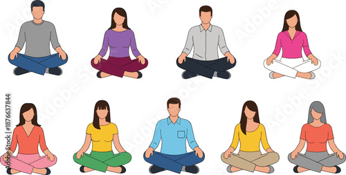 People meditating illustration set, men and women yoga lotus pose, mindfulness practice, relaxation concept, healthy lifestyle, flat vector design, art