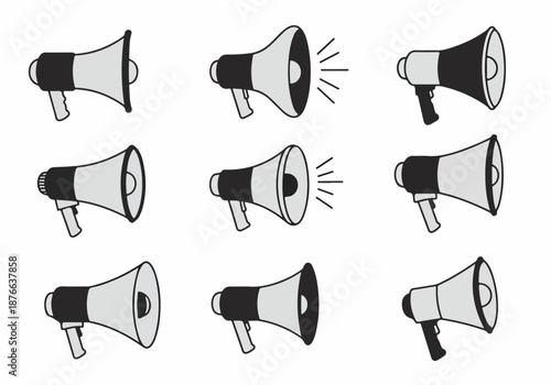 A collection of diverse black and grey megaphone vector icons, symbolizing broadcasting, alerts, and public speaking on a clean white background.