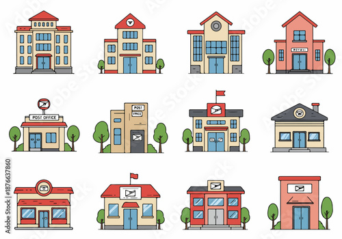 Colorful Hand-Drawn Post Office Buildings Vector Illustrations Collection Set