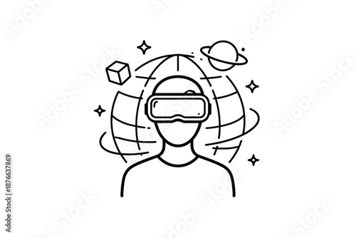Person wearing VR headset exploring virtual reality and outer space