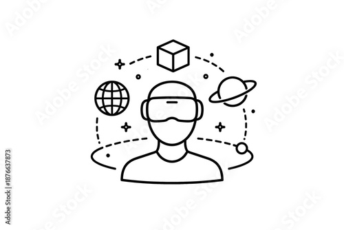 Person wearing VR headset surrounded by abstract digital elements and planets