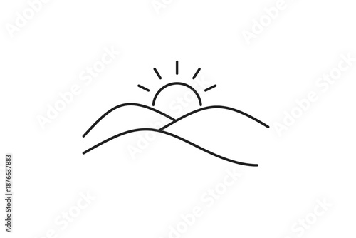 Simple line drawing of a sun rising over rolling hills