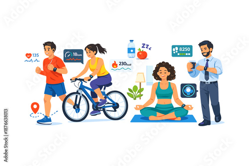 People engage in various healthy activities tracked by smart devices