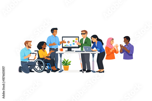 Diverse team collaborates on a project, including individuals with disabilities and different ethnicities.
