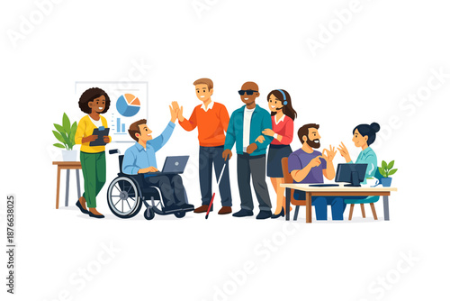 Diverse team collaborates in an inclusive office environment, celebrating success and teamwork