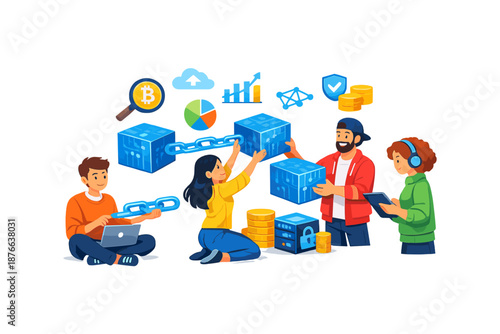 Team building a blockchain network with digital assets and security