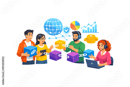 Diverse team collaborates on blockchain technology and global data analysis