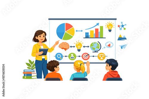 Teacher presents educational concepts to attentive students in a classroom setting.