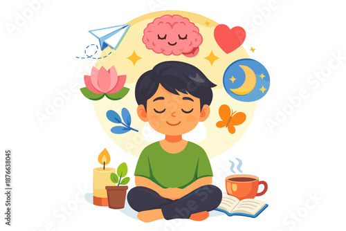A young boy meditates peacefully surrounded by symbols of calm and imagination