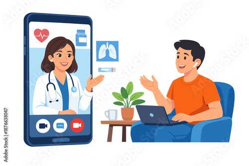 Doctor consults with patient remotely via video call on smartphone screen