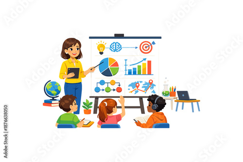 Teacher explains charts and graphs to attentive students in a bright classroom setting