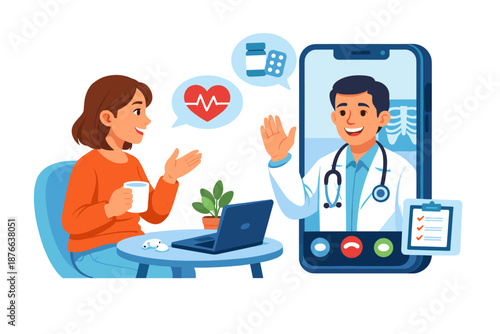 Patient consults with doctor online via video call for healthcare advice and prescription