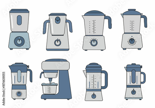 Flat vector illustrations of various kitchen blenders, food processors, and a stand mixer. Modern home appliance icons for cooking and meal preparation.