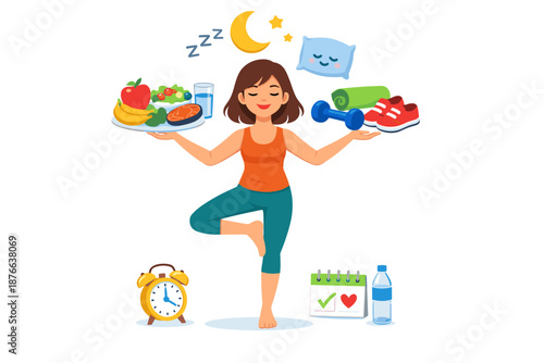 Woman balancing healthy lifestyle elements including diet, exercise, and sleep