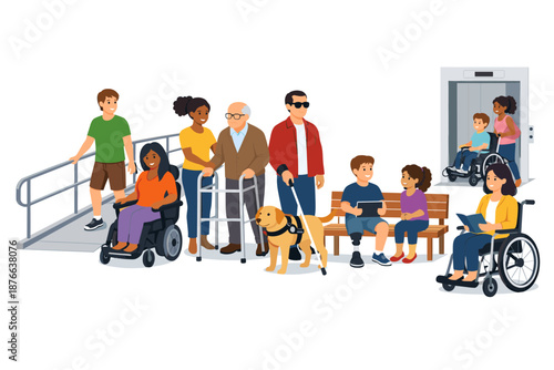 Diverse group of people with disabilities and their supporters interacting