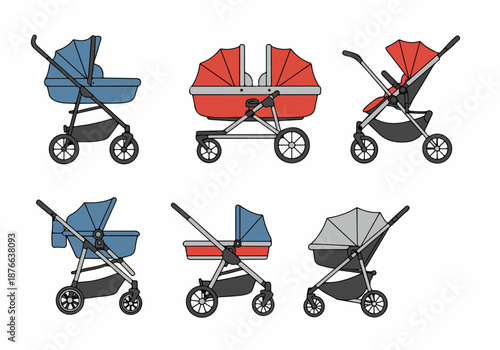 Collection of Modern Baby Strollers and Prams: Flat Design Icons for Newborns, Toddlers, and Twins, featuring various models and colors.