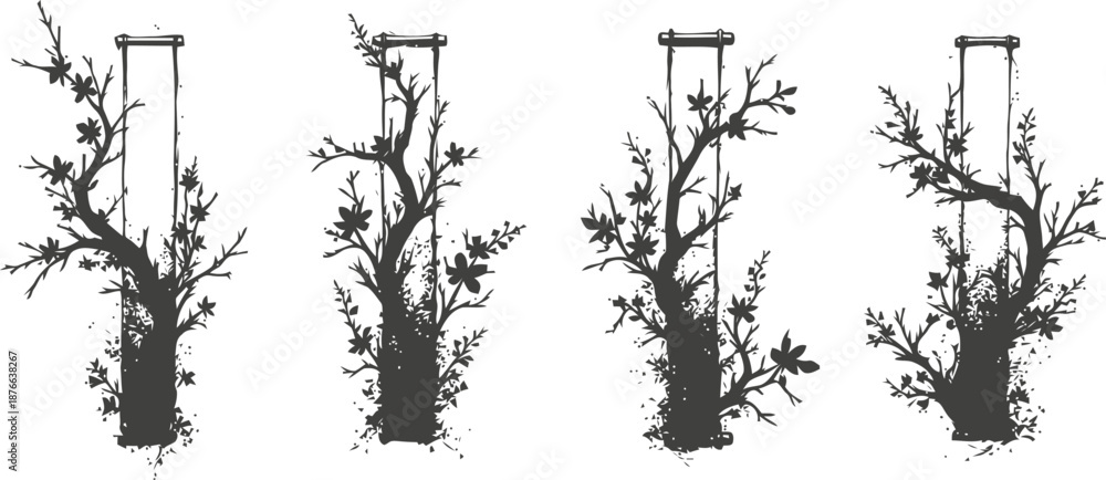 Obraz premium silhouettes of four tree branches with leaves growing from rectangular frames