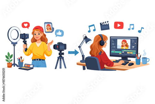 Content creator filming and editing videos for social media platforms