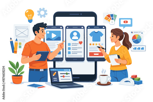 App developers collaborate on user interface design and functionality for mobile applications
